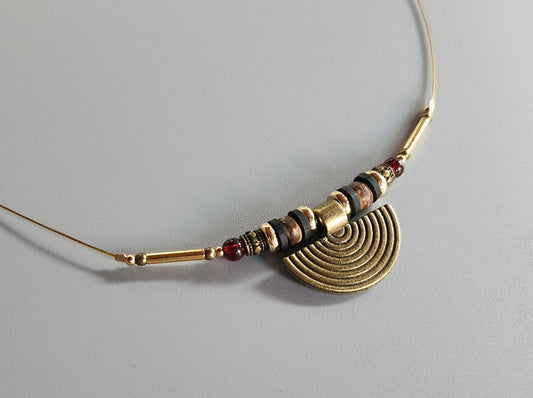 Bronze Semicircle Pendant Necklace with Wooden Beads and Garnet and Gold-Plated Spacers