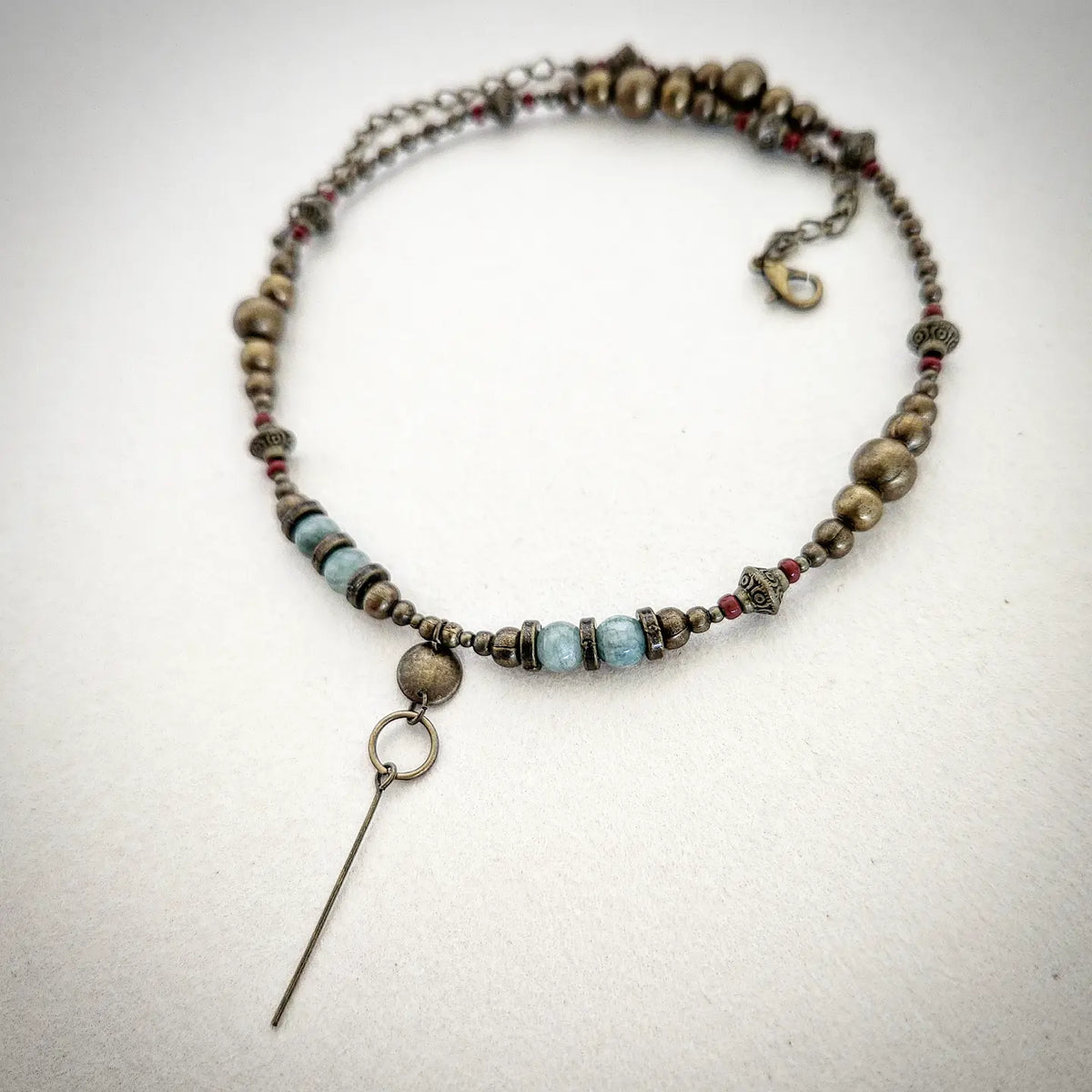 Vintage Bronze Necklace with Pale Sage Jade & Bordeaux Beads