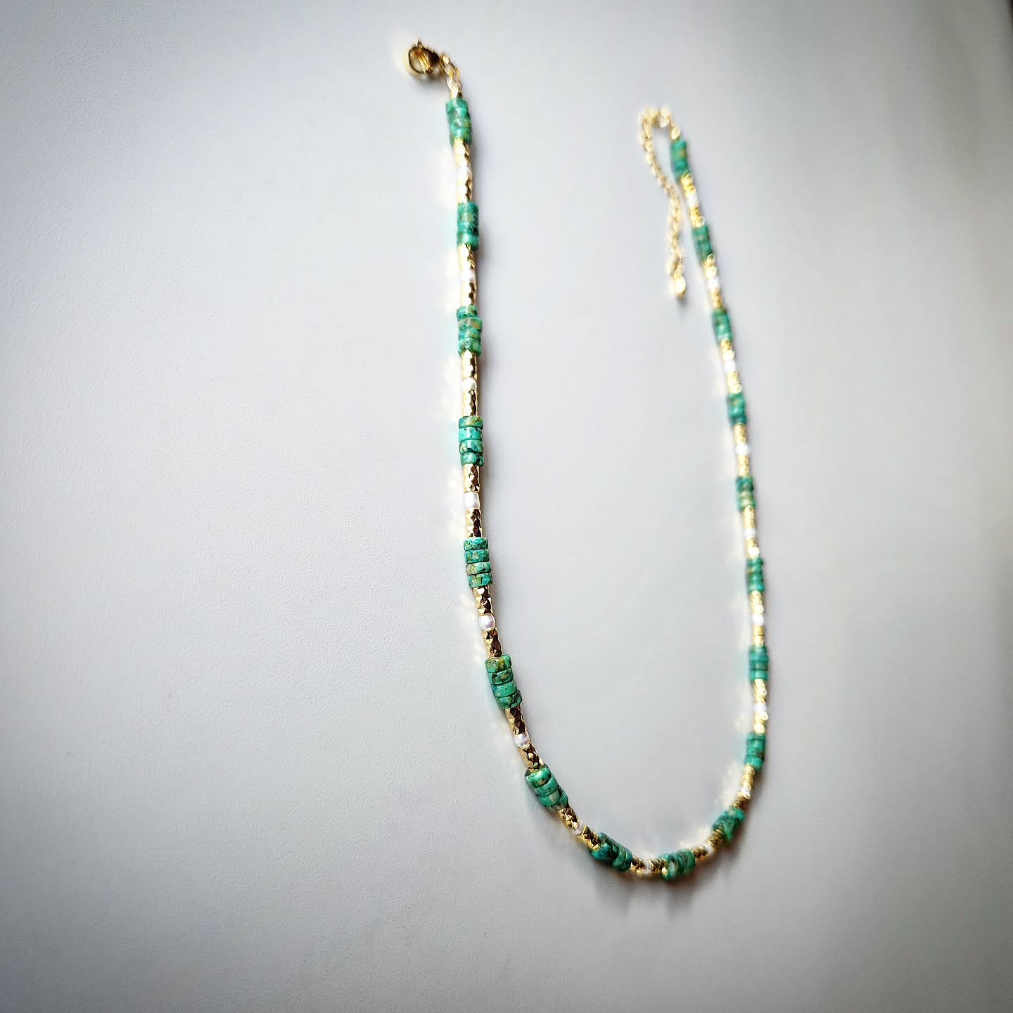 African Turquoise and Pearl Necklace with Gold-Plated Spacers