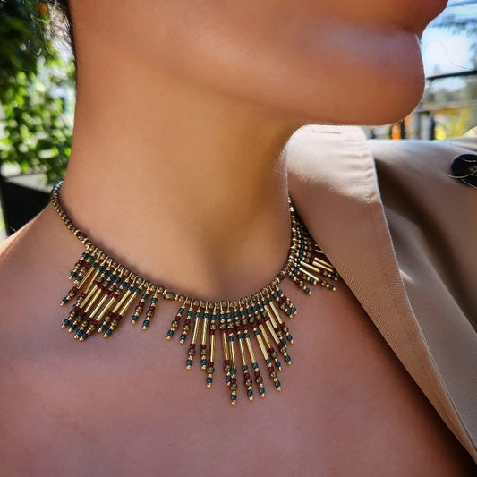 Nasij Necklace: Bronze and Gold-Plated Spacers with Turquoise and Bordeaux Beads