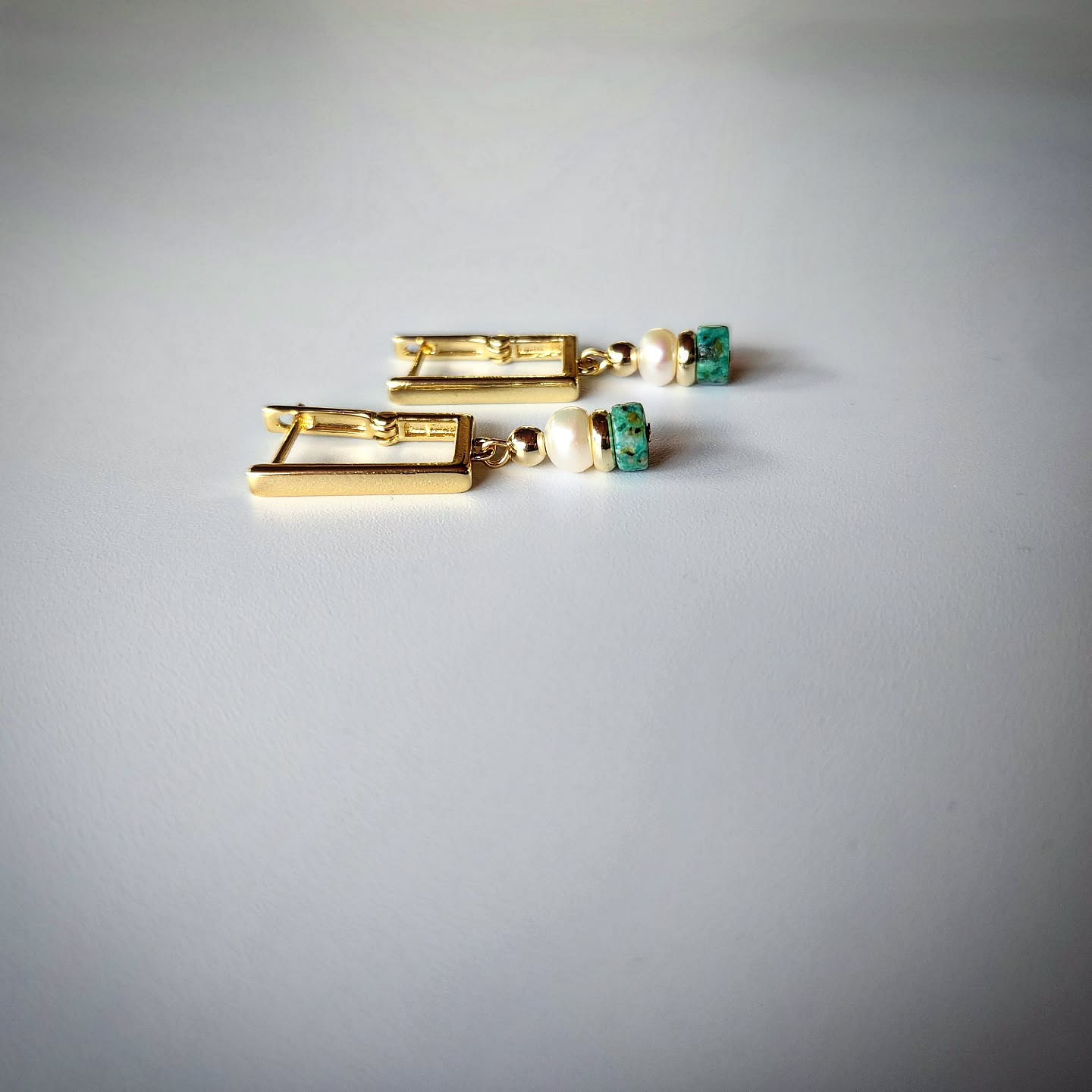 African Turquoise and Pearl Earrings with Gold-Plated Spacers