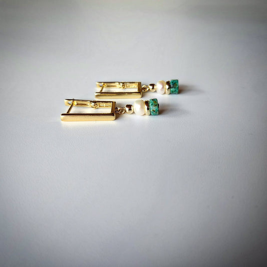 African Turquoise and Pearl Earrings with Gold-Plated Spacers
