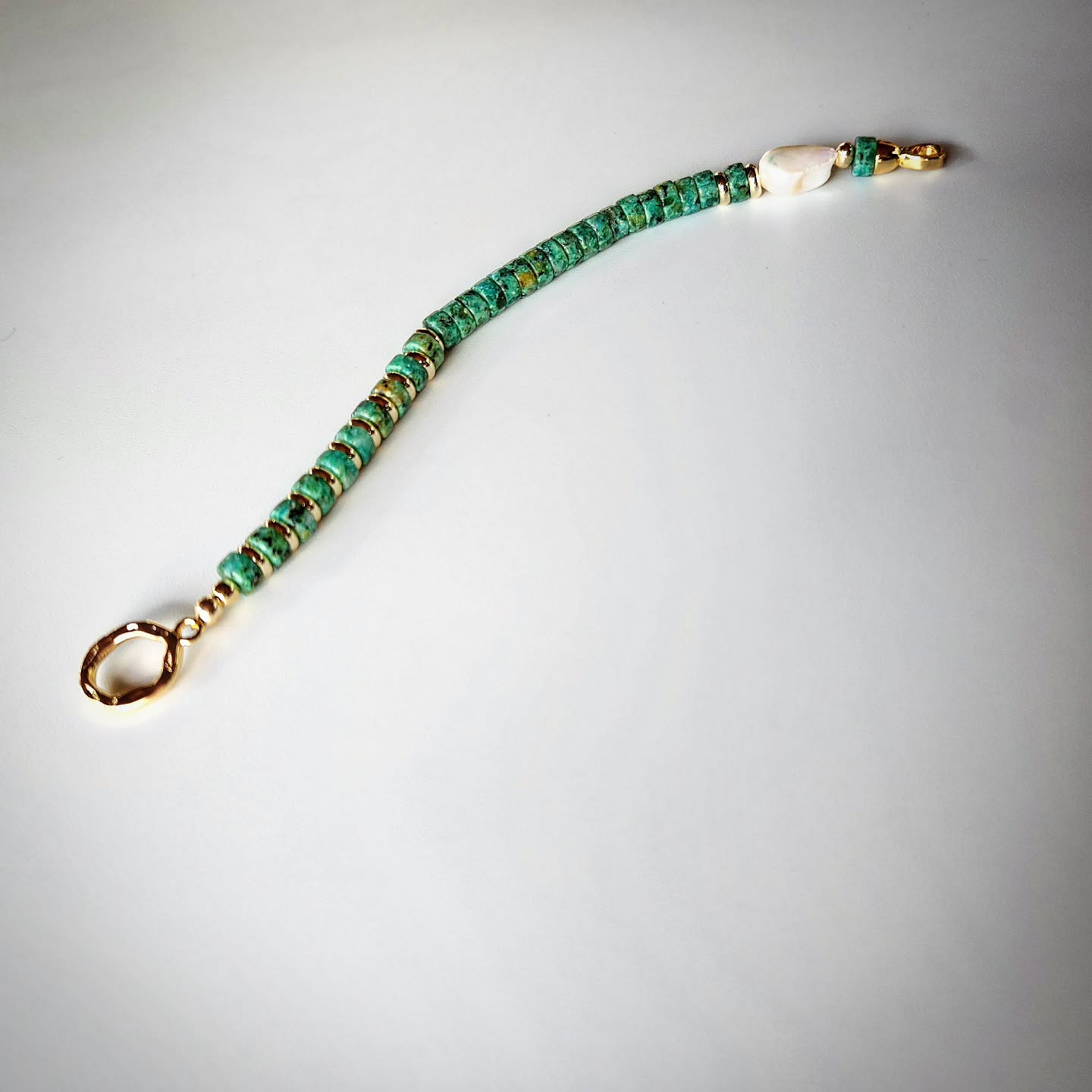 African Turquoise and Pearl Bracelet with Gold-Plated Spacers