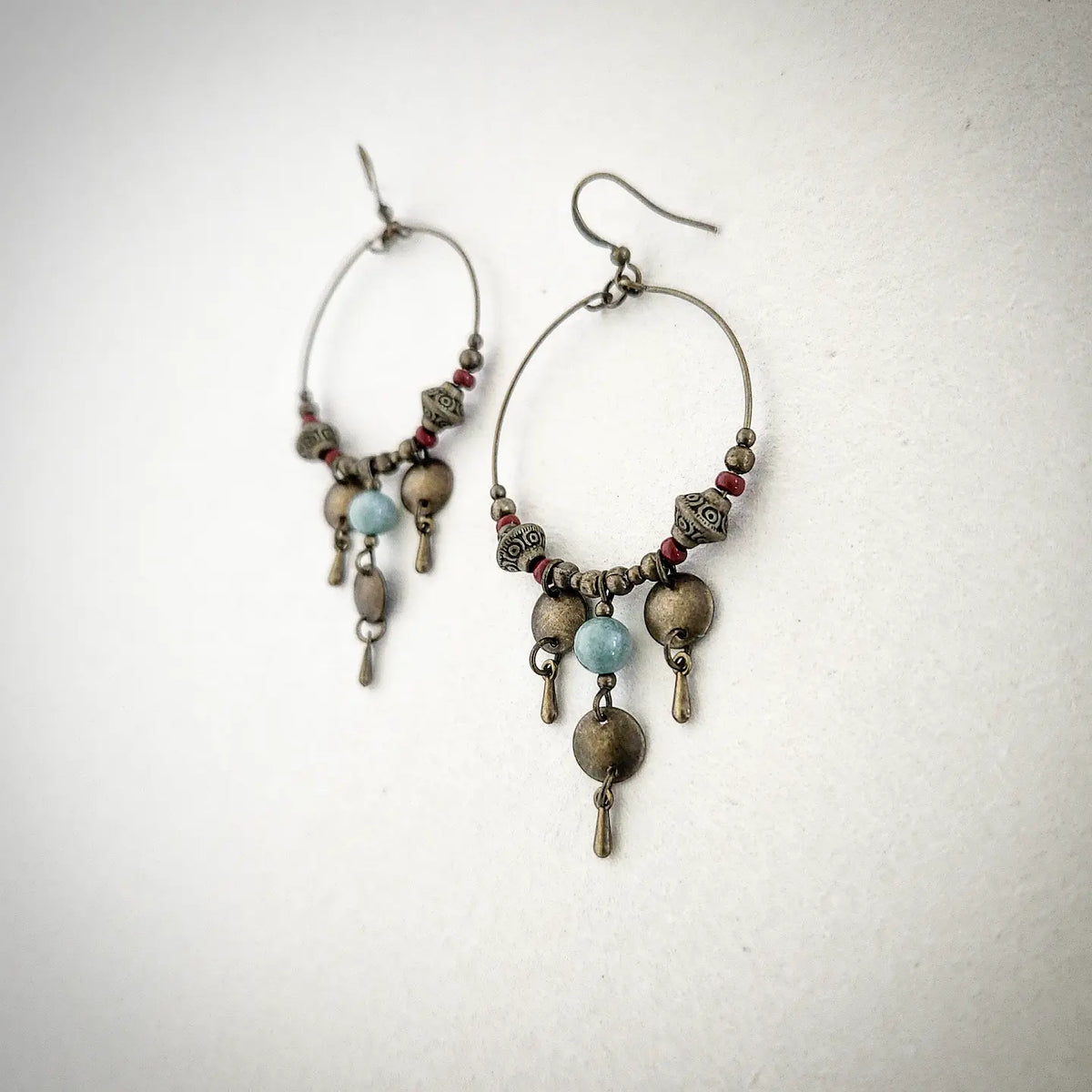 Vintage Bronze Earrings with Pale Sage Jade & Bordeaux Beads