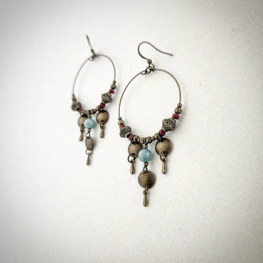 Vintage Bronze Earrings with Pale Sage Jade & Bordeaux Beads