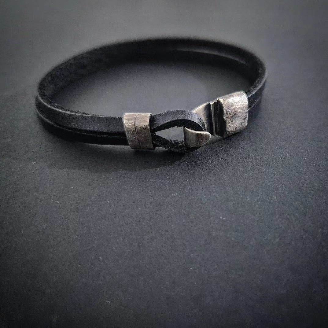 Black Leather and Silver Bracelet