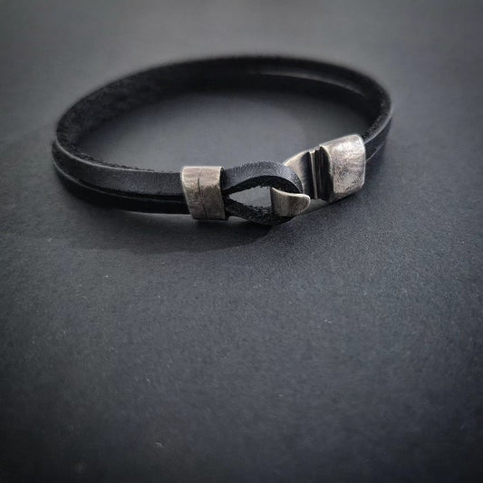 Black Leather and Silver Bracelet