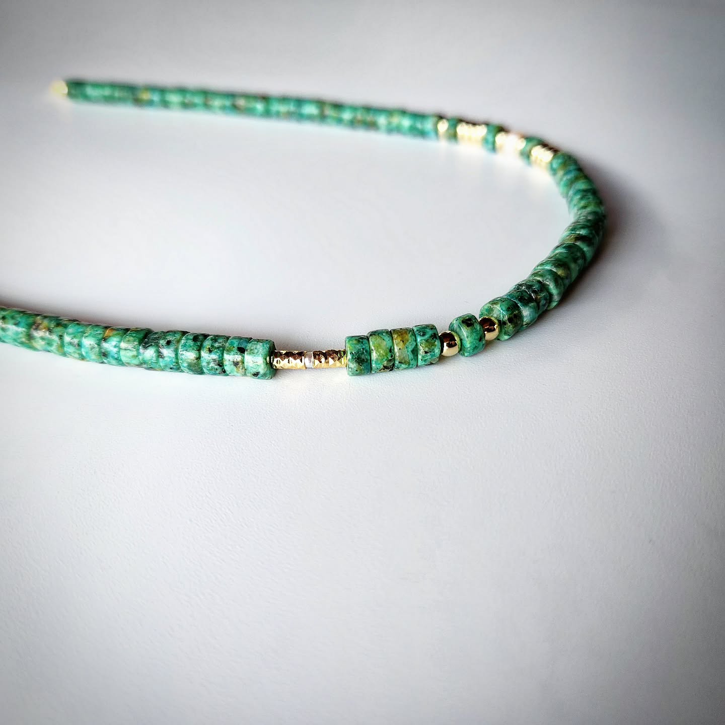 African Turquoise and Pearl Necklace with Gold-Plated Spacers