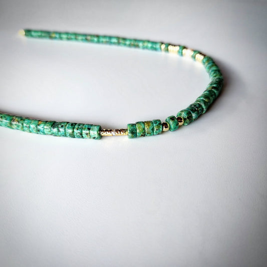 African Turquoise and Pearl Necklace with Gold-Plated Spacers