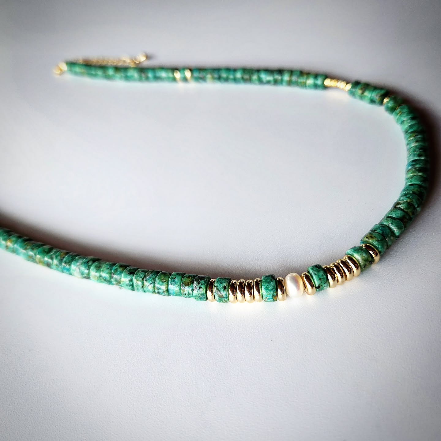 African Turquoise and Pearl Necklace with Gold-Plated Spacers