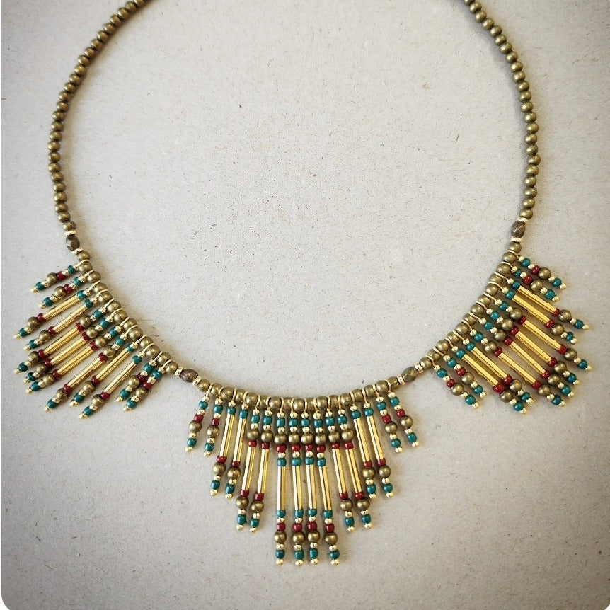 Nasij Necklace: Bronze and Gold-Plated Spacers with Turquoise and Bordeaux Beads