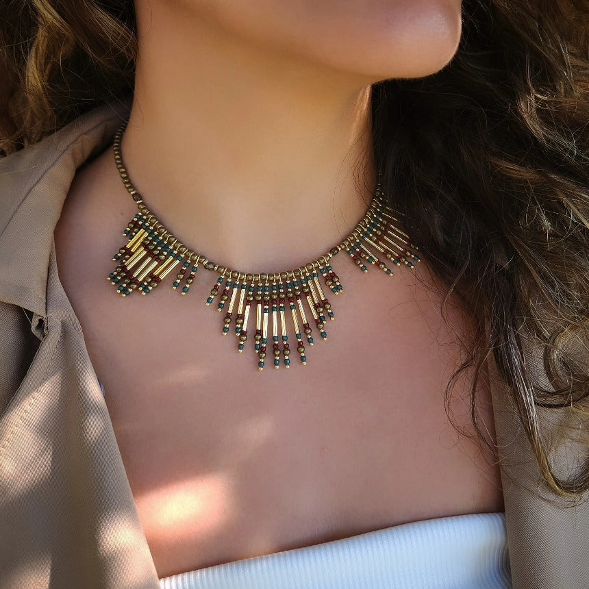 Nasij Necklace: Bronze and Gold-Plated Spacers with Turquoise and Bordeaux Beads