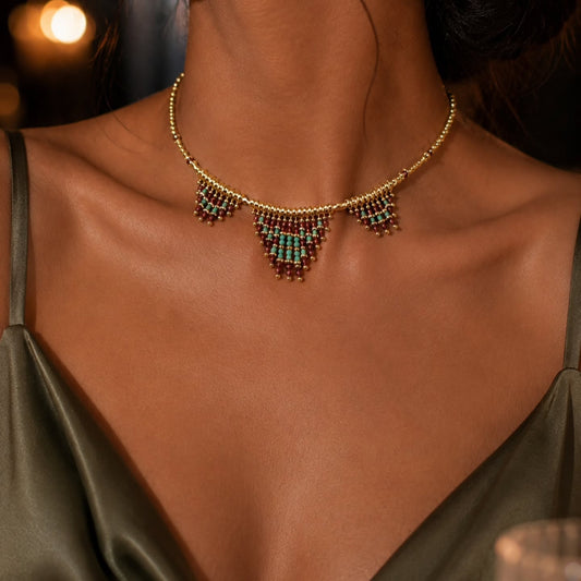 Nasij Necklace: Gold-Plated with with Garnet & Amazonite Stones