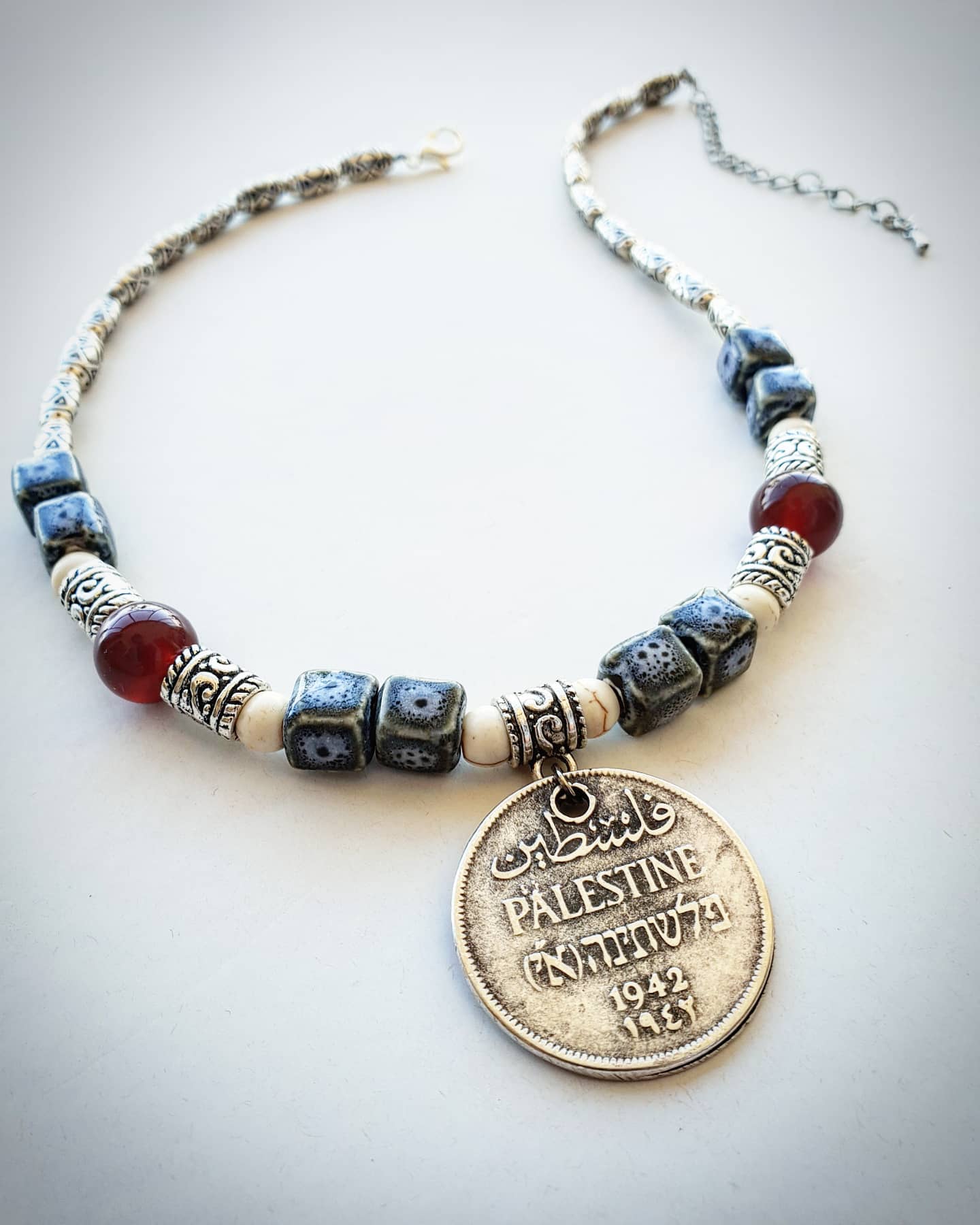 Coin Necklace: with Ceramic, Howlite and Garnet Stone