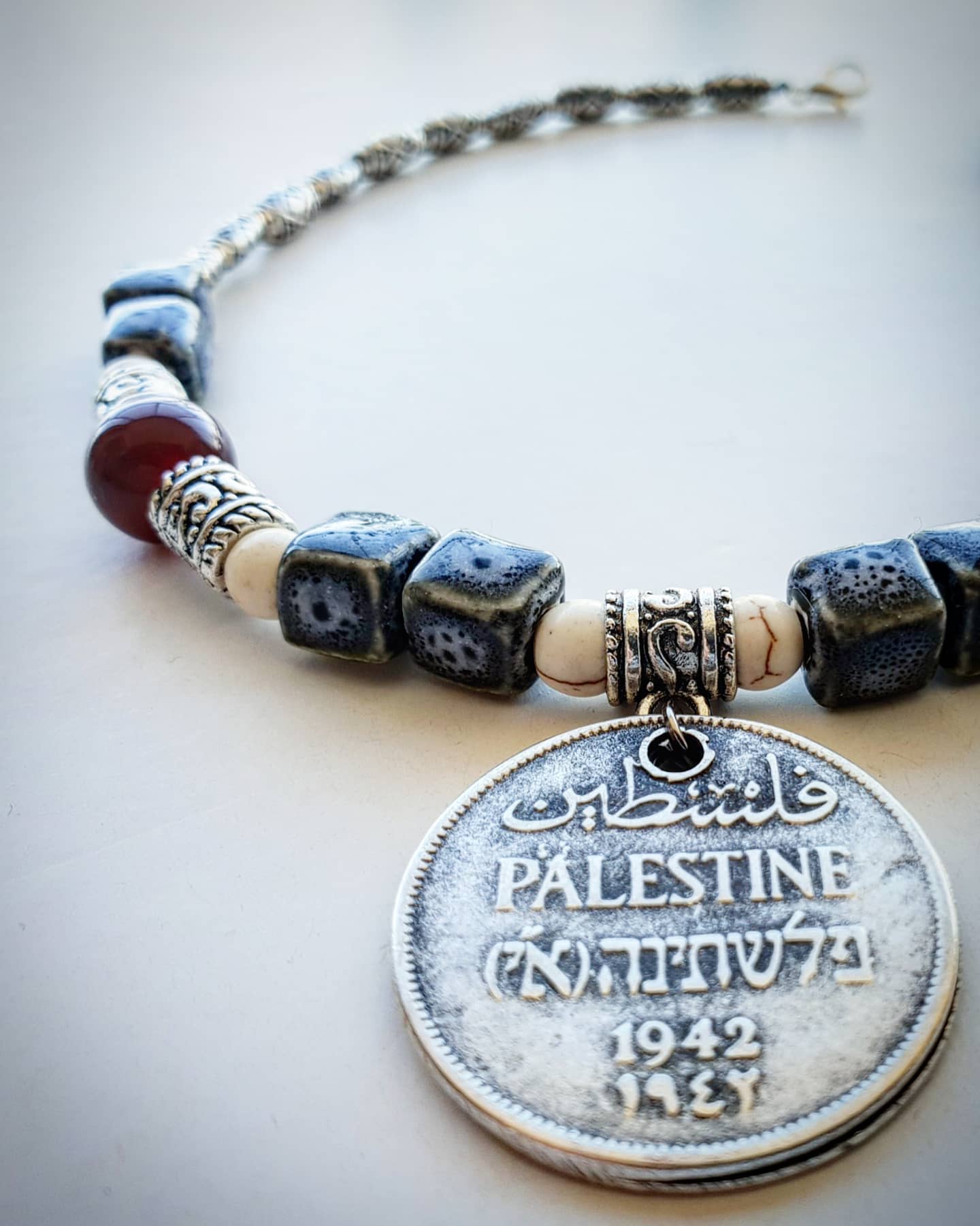Coin Necklace: with Ceramic, Howlite and Garnet Stone