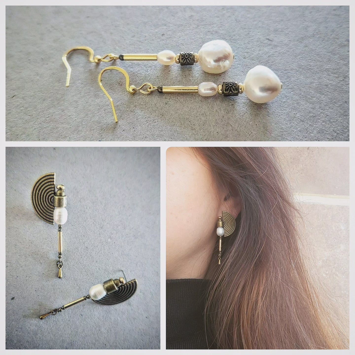 Pearl and gold earrings on a gray surface, with close-up views and a person wearing them.