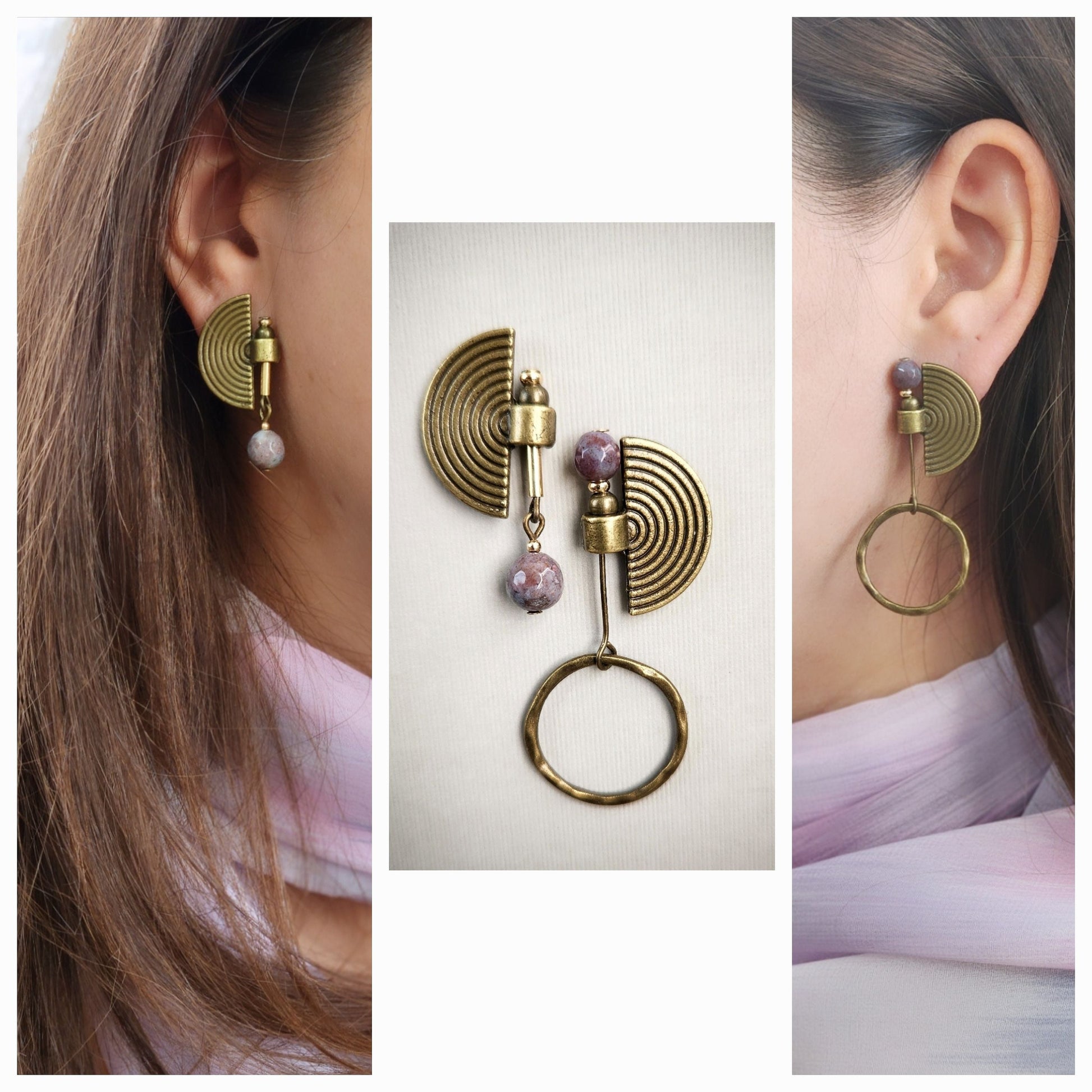 Bronze earrings with circular designs and pink stones worn by a person, displayed against a neutral background.