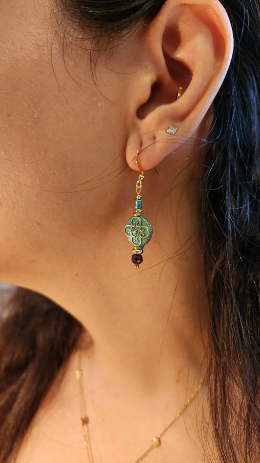 Al-Andalus Earrings: Oxidized Bronze with Garnet, Turquoise & 14K Gold-Plated Spacers
