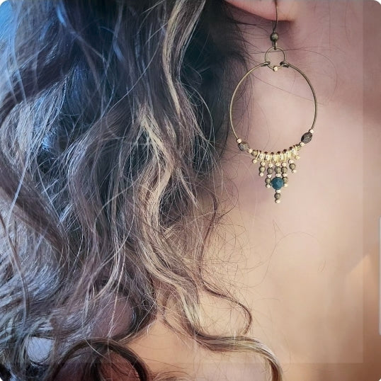 Nasij Earrings: Bronze and Gold-Plated with Moss Agate