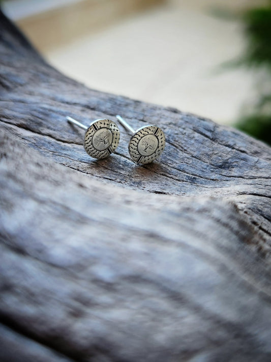 Silver stud earrings on a wooden surface
